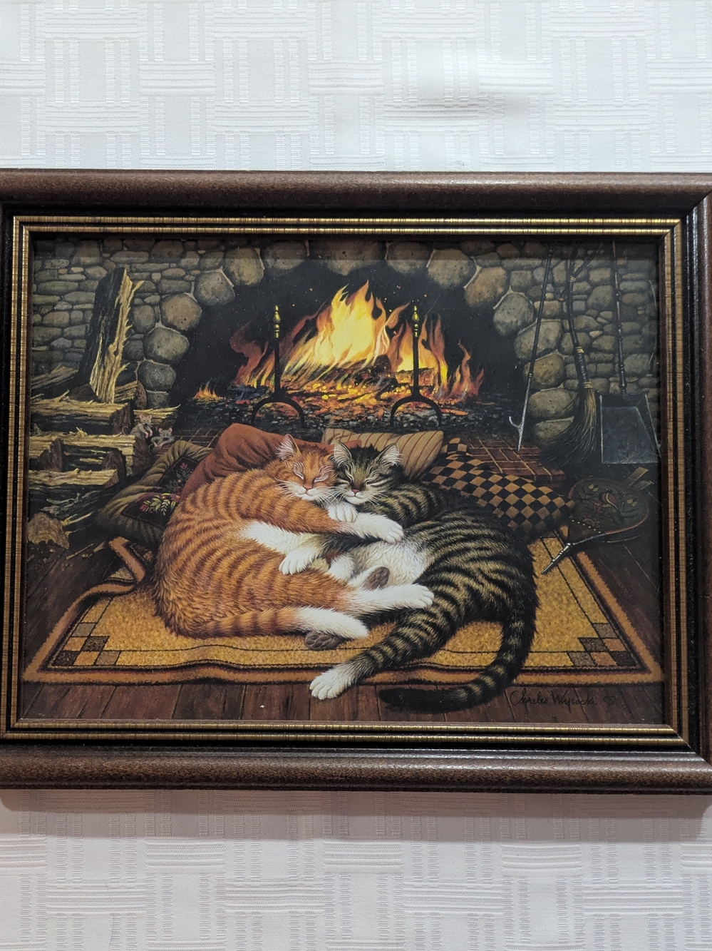 Charles Wysocki "Warmth and Comfort" Framed Print 10.5x12.5 Cats Fireplace